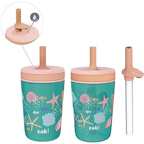Zak Designs Shells Kelso Tumbler Set, Leak-Proof Screw-On Lid with Straw, Bundle for Kids Includes Plastic and Stainless Steel Cups with Bonus Sipper (3pc Set, Non-BPA) 15 fl.oz.