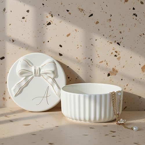 COLLECTIVE HOME - Monogram Jewelry Box with Bow, Christmas Gift Ideas for Women, Small Gift for Girlfriend Wife, Ring Holder, Earrings Dish, Birthday Gift for Her (A)