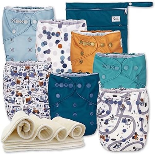 Nora's Nursery Cloth Diaper Cover, Washable Reusable Diaper Cover with Snap Closure, Flat or Fitted Cloth Diaper Inserts - 7 Pack Cloth Diaper Covers with Wet Bag - Mighty Trucks