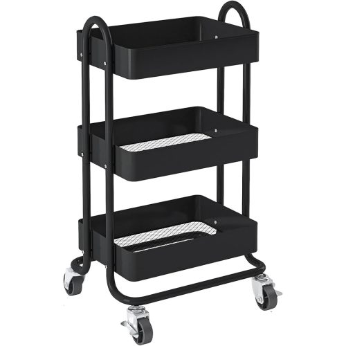 Metal Rolling Cart,3-Tier Metal Rolling Cart with Wheels,3 Tier Utility Cart with Wheels for Office,Home,Kitchen,Garden（13.4"x18.1"x31"） Black