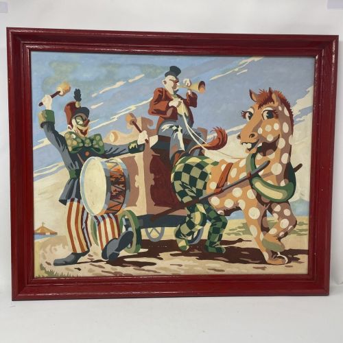 Vintage Clown Parade Paint By Numbers in Frame 1950s Circus Coming to Town Horse