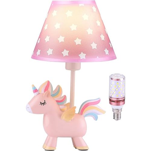 JYPS Unicorn Lamp, Modern Pink-Star LED Desk Lamp for Girls Bedroom, 3-Color Mode, Fade Resistant Fabric Shade, Plug-in, Night Light Gifts, Baby Nursery Decor