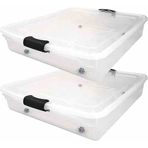 HOMZ Large 56 Quart Full/Queen Stackable Underbed Storage Bin, Clear Plastic Container with Rolling Wheels for Under Bed Use, 2 Pack