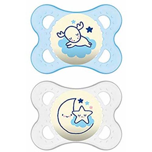 MAM Night Pacifiers (2 Pack, 1 Sterilizing Pacifier Case), MAM Pacifiers 0-6 Months, Best Pacifier for Breastfed Babies, Glow in the Dark Pacifier, Baby Boy Pacifier