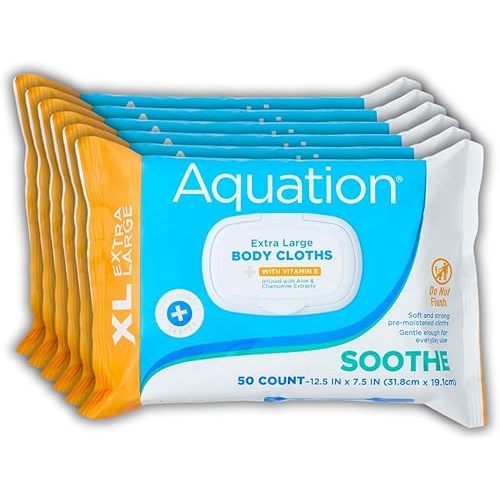 Aquation XL Body Cloth – 12.5x7.5" No-Rinse Cleansing Wipes with Aloe & Vitamin E – Hypoallergenic, For Adults, Kids, Seniors, Postpartum, Caregivers (50 Count / 6 Pack, 300 Total)