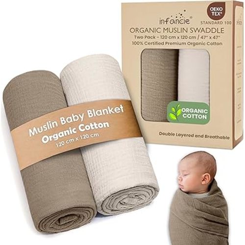 Organic Cotton Muslin Baby Blanket - 47x47 Inch Breathable Swaddle, Hypoallergenic Double-Layer, Versatile Use (Olive/Ivory, 47x47 Inch)