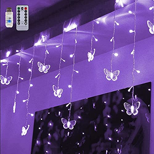 Butterfly Curtain Lights 60 LED 13.1FT USB Powered 8 Modes Remote Window Curtain Lights with 12 Butterflies Waterproof Twinkle Lights for Bedroom Christmas Holiday Party Decoration (Purple)