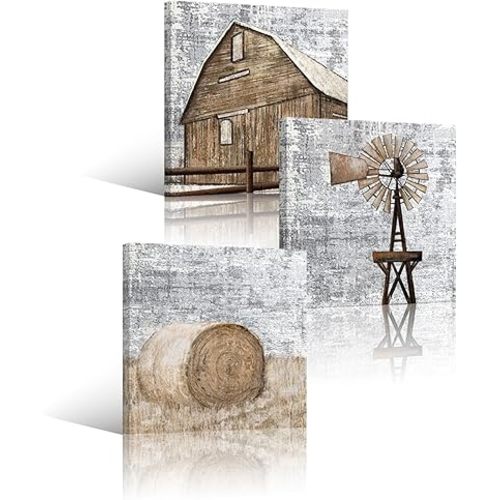 Visual Art Decor Rustic Farmhouse Canvas Wall Art Barn Windmill Painting Country Wall Decor Farmhouse Pictures Framed Artwork for Walls