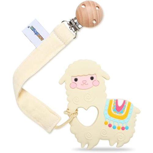 Baby Food Grade Silicone Teether Toy with Pacifier Clip Holder,Teething Pain Relief Toys Gift Set for 3 Months+ Boys and Girls,Freezer Safe,BPA Free (Yellow Llama)