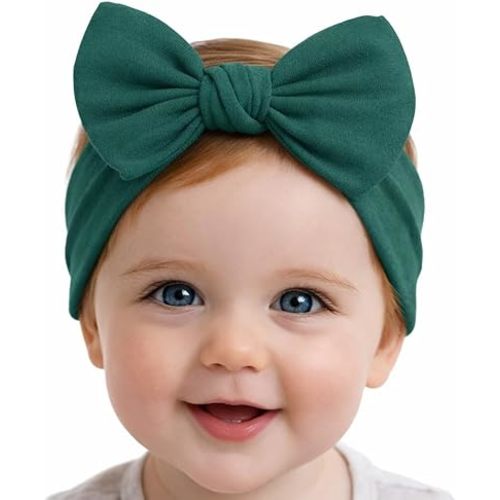 Baby Girl Headbands 0–6 Months – Newborn Infant Soft Cotton Handmade Bow Headband, Stretchy No Mark Baby Hair Accessories (Forest Green, 0-6 Month)