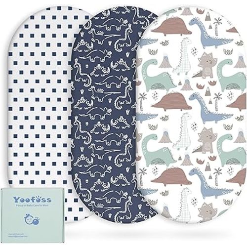 Yoofoss Bassinet Sheets Baby Girl Boy, Fitted Bassinet Sheet Set 3 Pack Universal Fit for Cradle Moses Basket Oval Rectangle Round Hourglass Mattress,Soft Breathable (Dark Blue+Dinosaurs)
