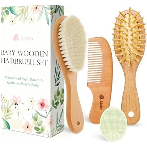 Lictin Baby Hair Brush and Comb Set, 4 Pcs Newborn Hair Brush with Soft Bristle, Natural Goat Hair and Wood Baby Cradle Cap Comb for Newborns & Toddlers, Newborn Baby Essentials, Perfect Registry Gift