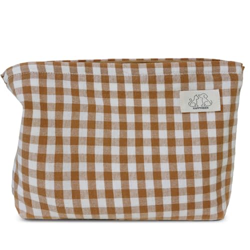 HAPPYHEIDI Khaki Gingham Cotton Makeup Bag Cosmetic Travel Pouch with Bottom, Make Up Purse Organizer, Zipper Closure, Canvas Lined…