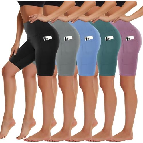 5 Pack Biker Shorts with Pockets for Women - 5"/8" High Waist Spandex Workout Yoga Running Athletic