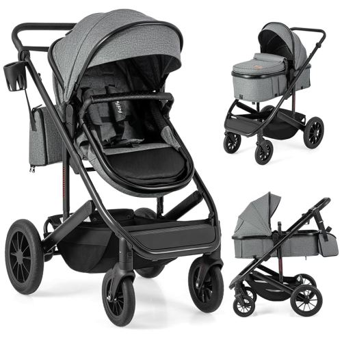 BABY JOY 2 in 1 Convertible Baby Stroller, High Landscape with Bassinet Mode, Reversible Seat, Adjustable Canopy, Cup Holder, Diaper Bag, Foldable Infant Newborn Pram Stroller for 0-36 Months (Gray)