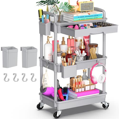 Goovilla 3 Tier Rolling Utility Cart Organizer with Removable Drawer, Stable and Sturdy Grey Rolling Storage Carts with 2 Lockable Wheels for Bathroom, Kitchen, Snack, Craft, Makeup, Baby Essentials