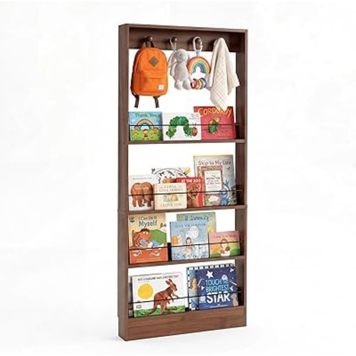 Wooden Behind Door Bookshelf, 4-Tier Bookcase Book Shelf Space-Saving Organizer Storage for Toys and Story Books Wall Mount Shelves with Hooks Walnut