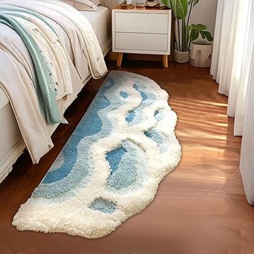 2x6 feet Shag 3D Stereo Wave Moss Bedside Rug 23"×72" Cute Navy Blue Runner Rug Non Slip Washable Bathroom Rugs Bath Mats for Bedroom Bathroom Hallway Home Decor Indoor Doormat Shower Mat