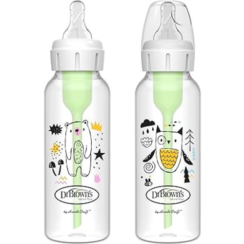 Dr. Brown's Natural Flow Anti-Colic Options+ Narrow Baby Bottle, Bear & Owl, 8 oz/250 mL, with Level 1 Slow Flow Nipple, BPA Free, 0m+, 2-Pack