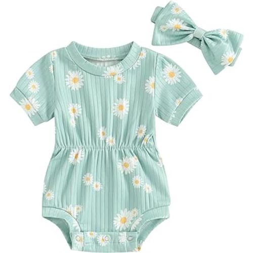 Baby Girl Summer Clothes Ribbed Short Sleeve Romper Solid Color Bodysuits Bow Headband Outfit Newborn Girl Jumpsuit