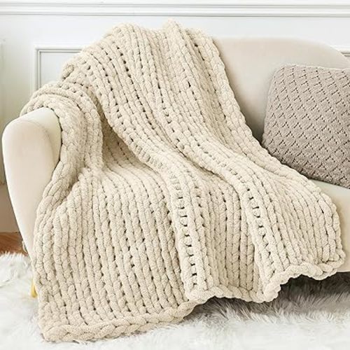 Admitrack Chunky Knit Blanket Throw 51"x63", 100% Hand Knit Chenille Throw Blanket for Sofa & Home Decor, Soft and Cozy Knitted Throw Blankets (Ivory,51"x63")