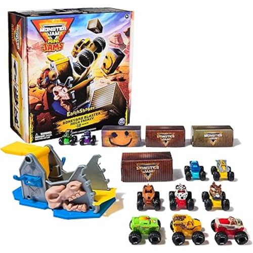 Monster Jam Mini Jams, Earthshaker Boneyard Blaster Mega Frenzy Playset with 10 Mini Trucks, Kids Toys for Ages 3 and Up