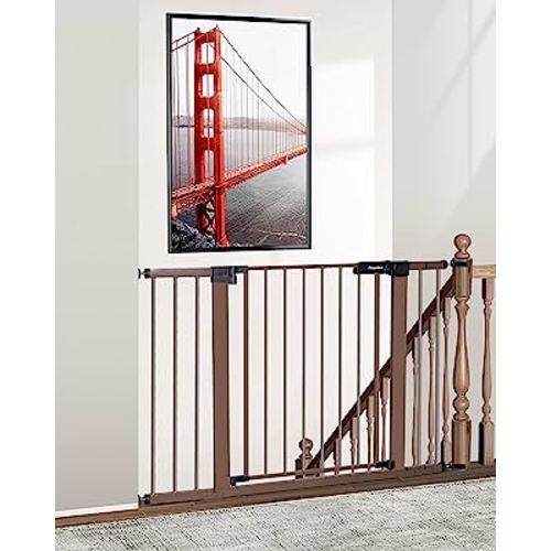 Newnice 29.7"-46" Baby Gate for Stairs, Auto Close Dog Gates for the House, Wide Baby Safety Pet Gates Pressure/Hardware Mounted for Doorway, Easy Walk Thru Child Gates for Stairs Kids Toddlers, Brown
