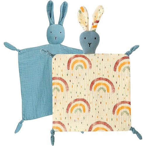 Organic Cotton Muslin Lovey Blanket, Organic Cotton Muslin Bunny Security Blanket Soft & Breathable Lovie Baby Gifts for Boys and Girls