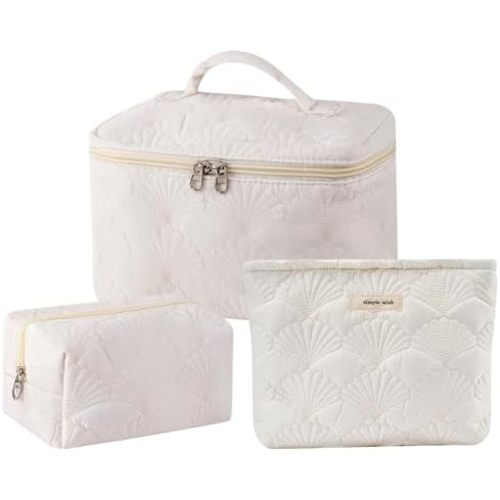 3Pcs Quilted Cotton Coquette Makeup bag, Coastal Granddaughter Aesthetic Cosmetic Bag, Cute Seashell Portable Travel Toiletry Pouch (08 3Pcs White)