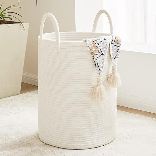 White Woven Rope Laundry Basket, 58L Tall Laundry Basket for Blanket Storage, Large Baby Nursery Hamper for Laundry, Decorative Clothes Hamper for Bedroom, Living Room