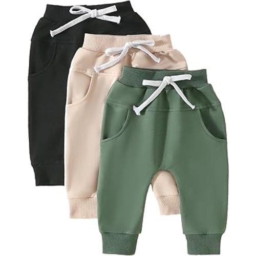 Baby Boys' 3-Pack Pull-on Jogger Pants Girls' Knit Pants Classic Fit Elastic Waist Toddler Pants Infant Long Pants