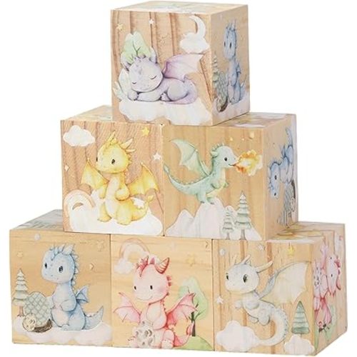 6 Pcs Nursery Decor Blocks, Wooden Nursery Decor for Girls and Boys, Wooden Shelf Decor Bedroom Playroom Decor for Kids Birthday Baby Shower Table Decorations Gifts (Baby Dragon)