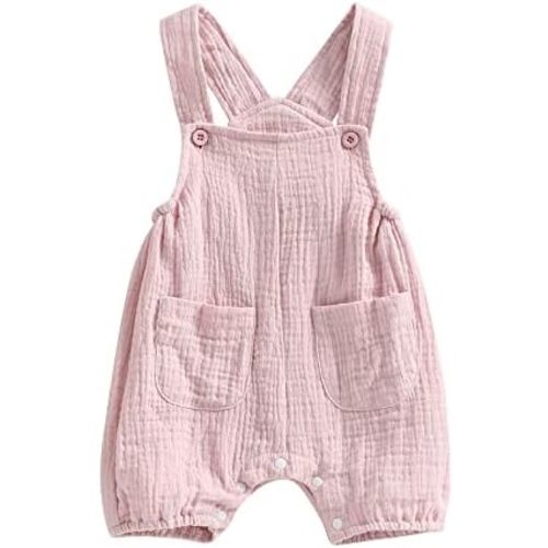 Sasaerucure Infant Baby Girl Boy Romper Pants Linen Sleeveless Jumpsuit Bib Overalls One Piece Outfit Clothes