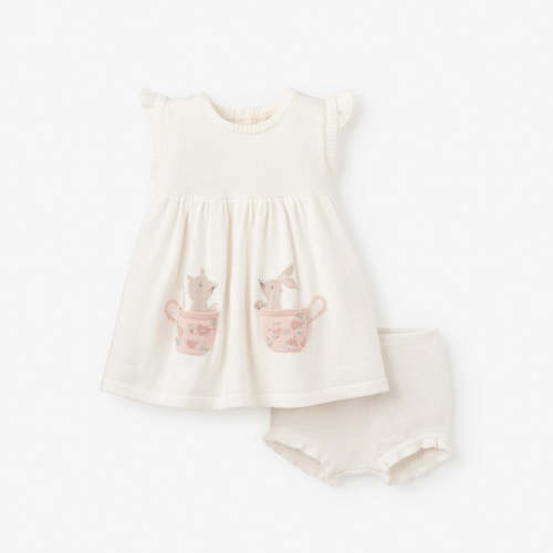 Tea Party Flutter Sleeve Knit Baby Dress WHITE / 6-9M