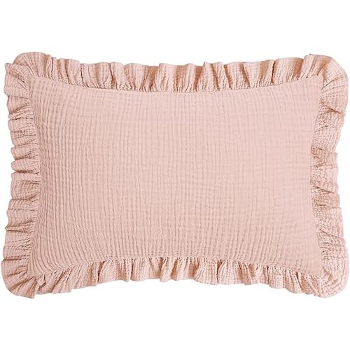 Konssy Flounce Muslin Toddler Pillowcase, Soft Cotton Toddler Pillow Case for 13x18 Pillow, Breathable Travel Kids Baby Pillowcases with Envelope Closure (Pink)
