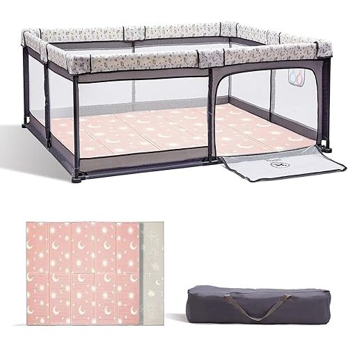 Baby Playpen with a Mat, 50"x50" Large Playpen for Babies and Toddlers, Small Baby Play Pens, Indoor & Outdoor Kids Activity Center, Play Yard for Toddler with Gate (Squirrel with Mat 50 * 50)