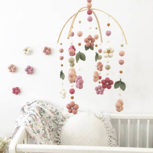 Blushing pink and sage Garden with leaves flower mobile, sweet baby girl nursery, flower mobile, felt ball flowers, nursery decor.