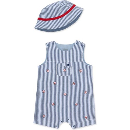 Embroidered Seersucker Cotton Romper & Bucket Hat Set, 3M