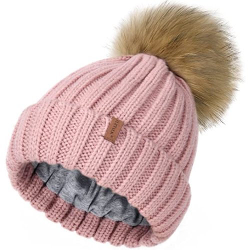 FURTALK Kids Winter Hat Toddler Knitted Pom Beanie Hat Cotton Lined Faux Fur Pom Pom Cap Baby Girls Boys Beanies - 09 Lotus Pink - 3-24 Months