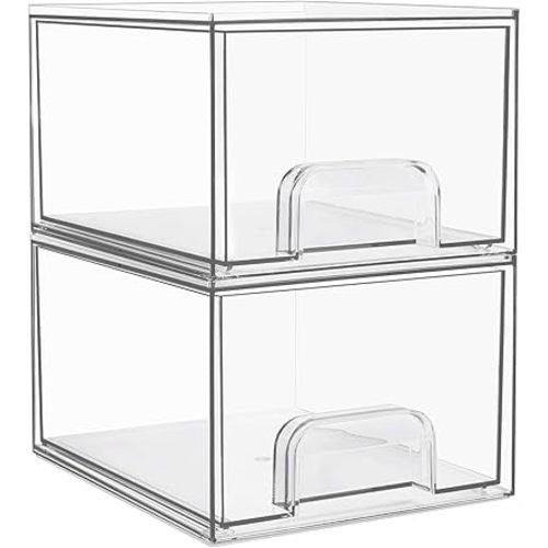 Vtopmart 2 Pack Clear Stackable Storage Drawers, 4.4'' Tall Acrylic Bathroom Makeup Organizer,Plastic Storage Bins For Vanity, Undersink, Kitchen Cabinets, Pantry, Home Organization