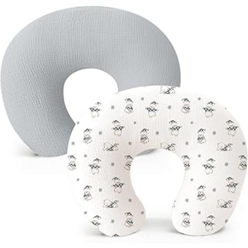 Konssy Muslin Nursing Pillow Covers, Soft and Cute Nursing Covers for Breastfeeding Pillows, Ideal for Newborn Baby Boys and Girls (Grey, Polar Night) - 2 Pack