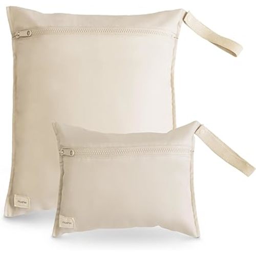 mushie Water Resistant Wet Bags | Large & Small Reusable Storage Bag for Baby Items and Travel | Zippered Pockets with Handle | Machine Washable, Set of 2 (Fog)