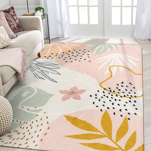 Lahome Pink Carpet for Living Room - 4x6 Area Rug for Bedroom Washable Non-Slip Boho Rug Throw Cute Soft Nursery Kids Rug, Abstract Botanical Print Indoor Rugs for Kitchen Entryway Laundry Dining Room