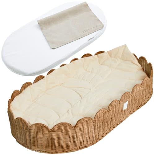 BEBE BASK Premium Baby Changing Basket - Artisan-Crafted Scalloped Rattan - Changing Basket for Baby Dresser - All Accessories Included - Complete Set for Nursery (Mocca)