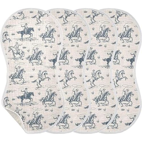 Muslin Burp Cloths for Baby Boys and Girls - 4-Pack Ultra Absorbent Western Cowboy Muslin Washcloths, Newborn Towel, Milk Spit Up Rags, Burp Cloth Bib for Unisex, 22 x 11 Inch