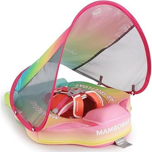 HECCEI Add Tail Mambobaby Baby Swim Float with Canopy Solid Pool Infant Swim Trainer Swimming Training Lying Air Free Water Floats Non-Inflatable Waist Swim Ring for Toddlers (Rainbow)