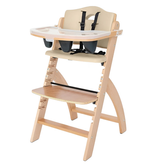 Abiie Beyond Junior Wooden High Chair with Tray - Adjustable and Convertible High Chair for Babies and Toddlers - 6 Months to 250 Lb - Water Resistant - Natural Wood with Beige Cushion