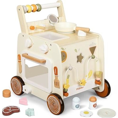 Wooden Baby Walker, 3-in-1 Baby Push Walker, with Pretend Kitchen, Montessori Sensory Activity Center, Push Walker Toys for Babies Learning to Walk, Sit-to-Stand