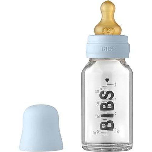 BIBS Baby Glass Bottle. Anti-Colic. Round Natural Rubber Latex Nipple. Supports Natural Breastfeeding, Complete Set - 110 ml, Baby Blue