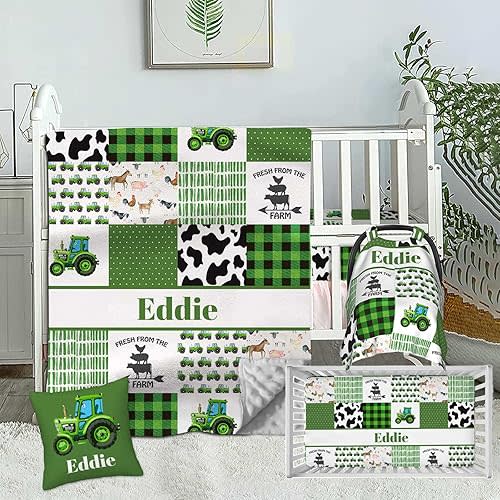 Custom Name Baby Crib Bedding Sets - Personalized Farm Theme 2 Piece Sets, Minky Dotted Backing Blanket, Fitted Sheet for Newborn to Toddler
